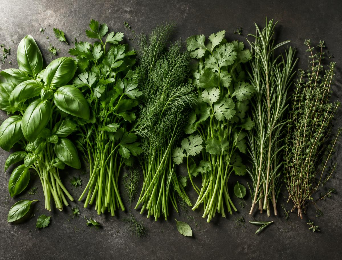 Illustrative fresh basil, parsley, dill, cilantro, rosemary, and thyme