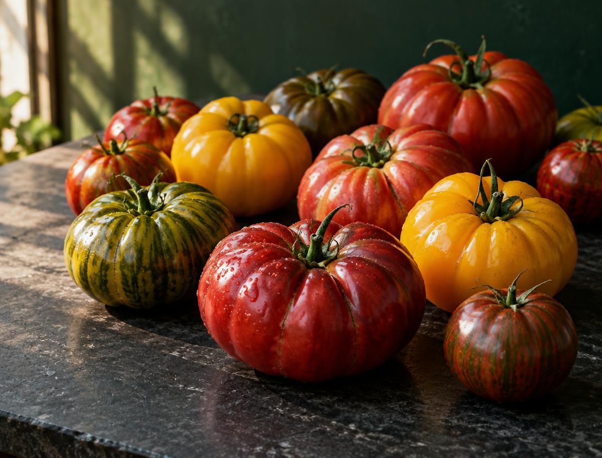 Illustrative assortment of red, gold, green, and striped heirloom tomatoes