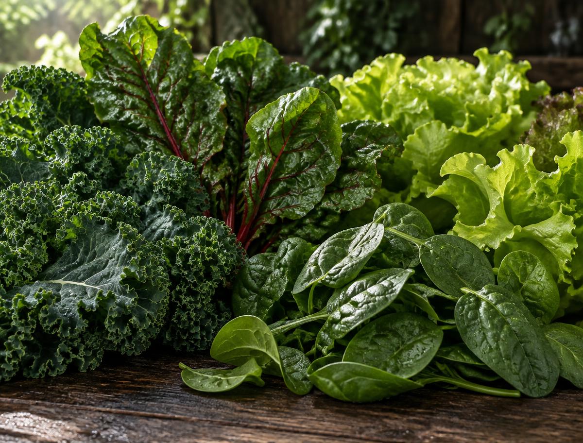 Illustrative fresh kale, chard, spinach, and lettuce leaves