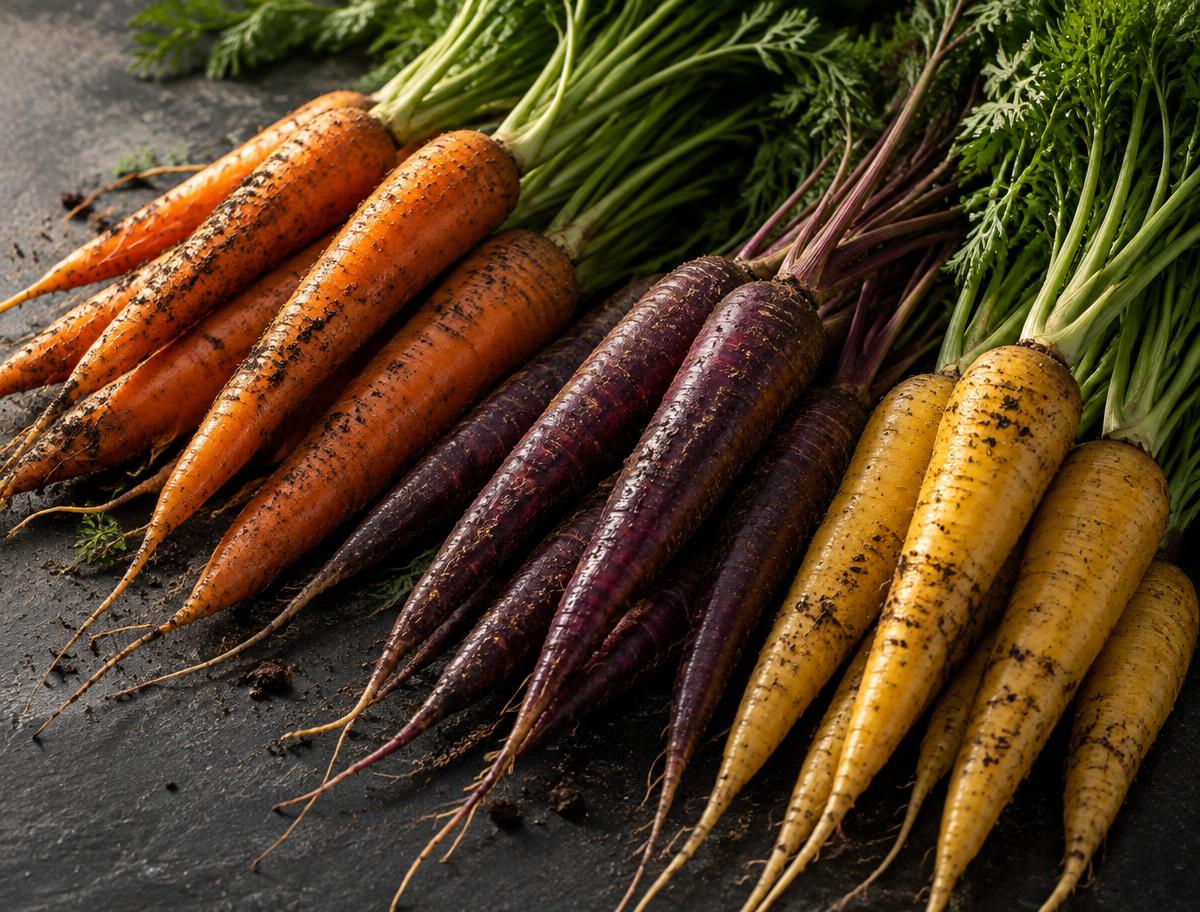 Illustrative bunches of orange, purple, and yellow rainbow carrots with leafy tops