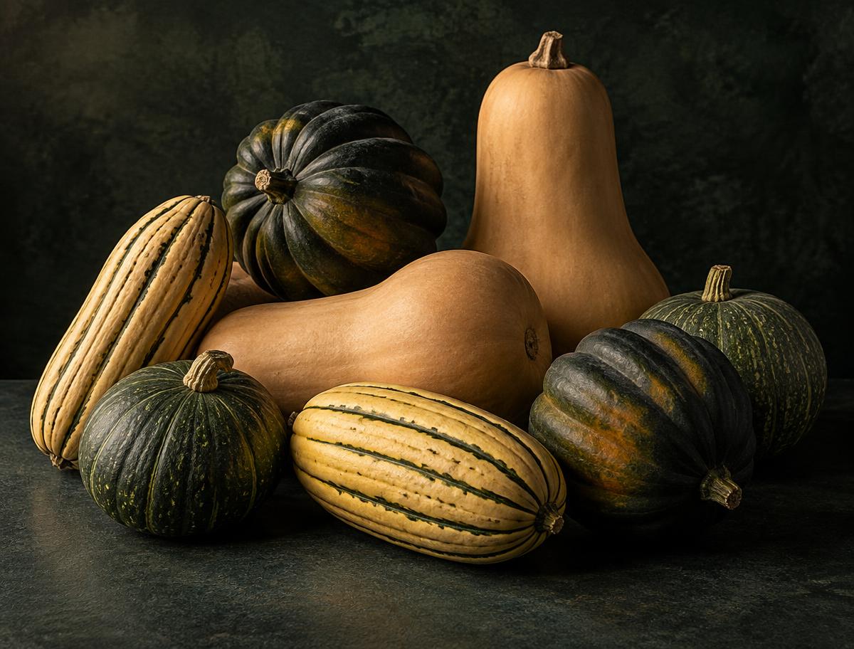 Illustrative arrangement of delicata, acorn, butternut, and green seasonal squash