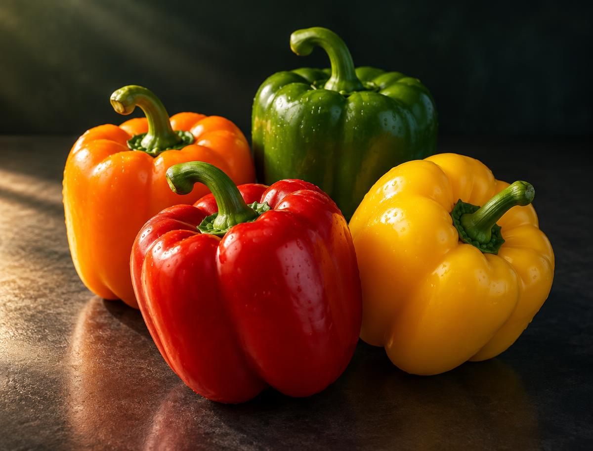 Illustrative red, yellow, orange, and green sweet bell peppers
