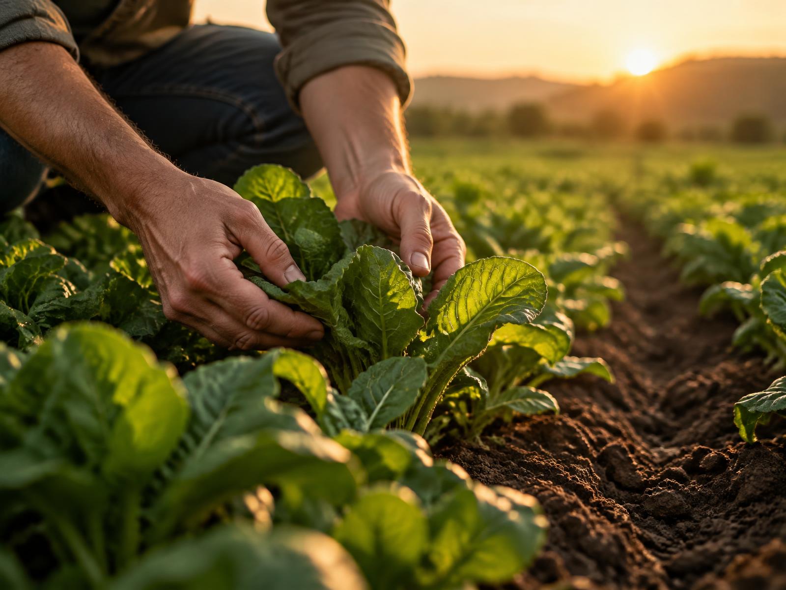 Illustrative concept image of hands tending leafy crops
