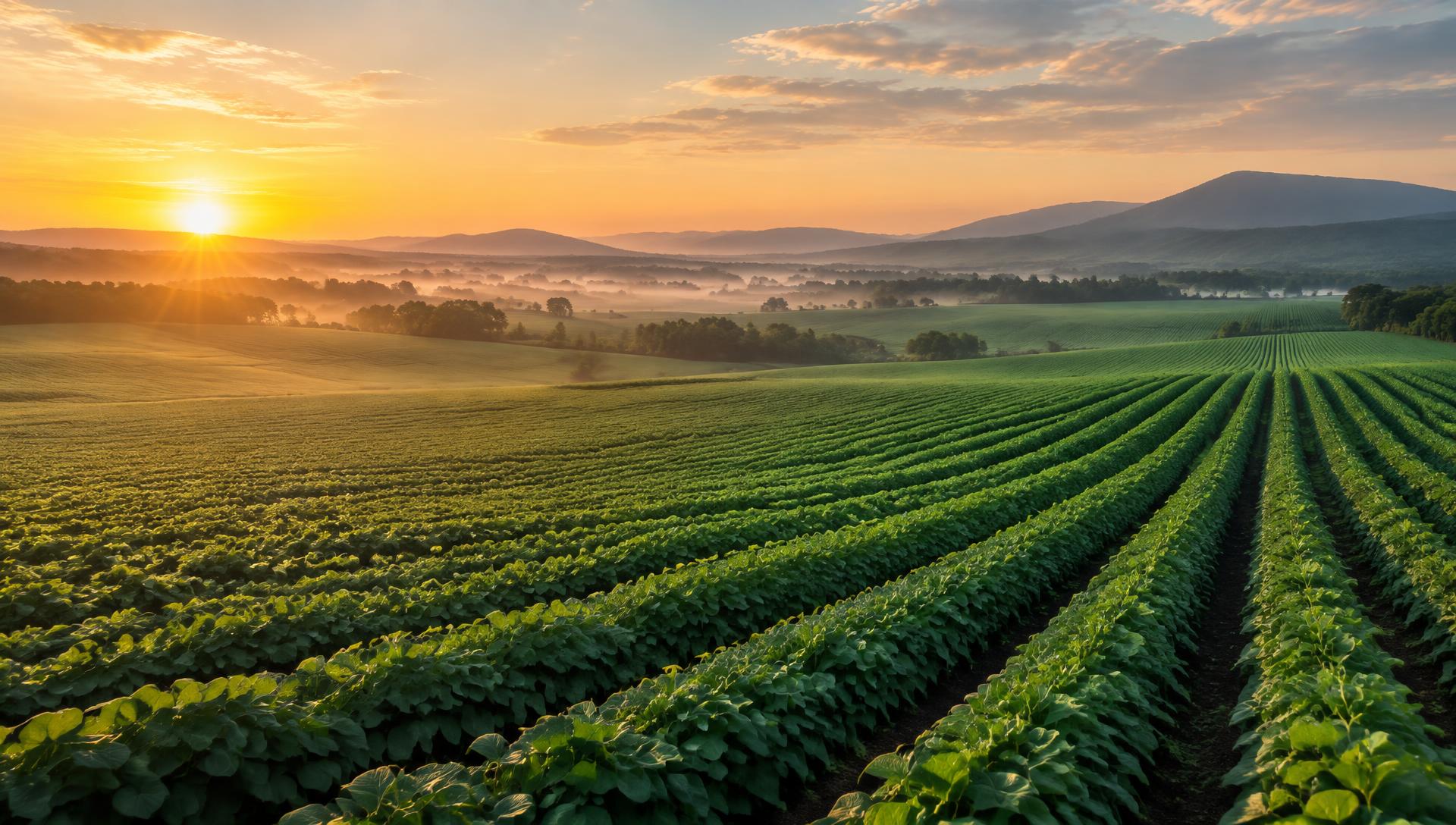 Illustrative cinematic view across green farm rows at golden-hour sunrise